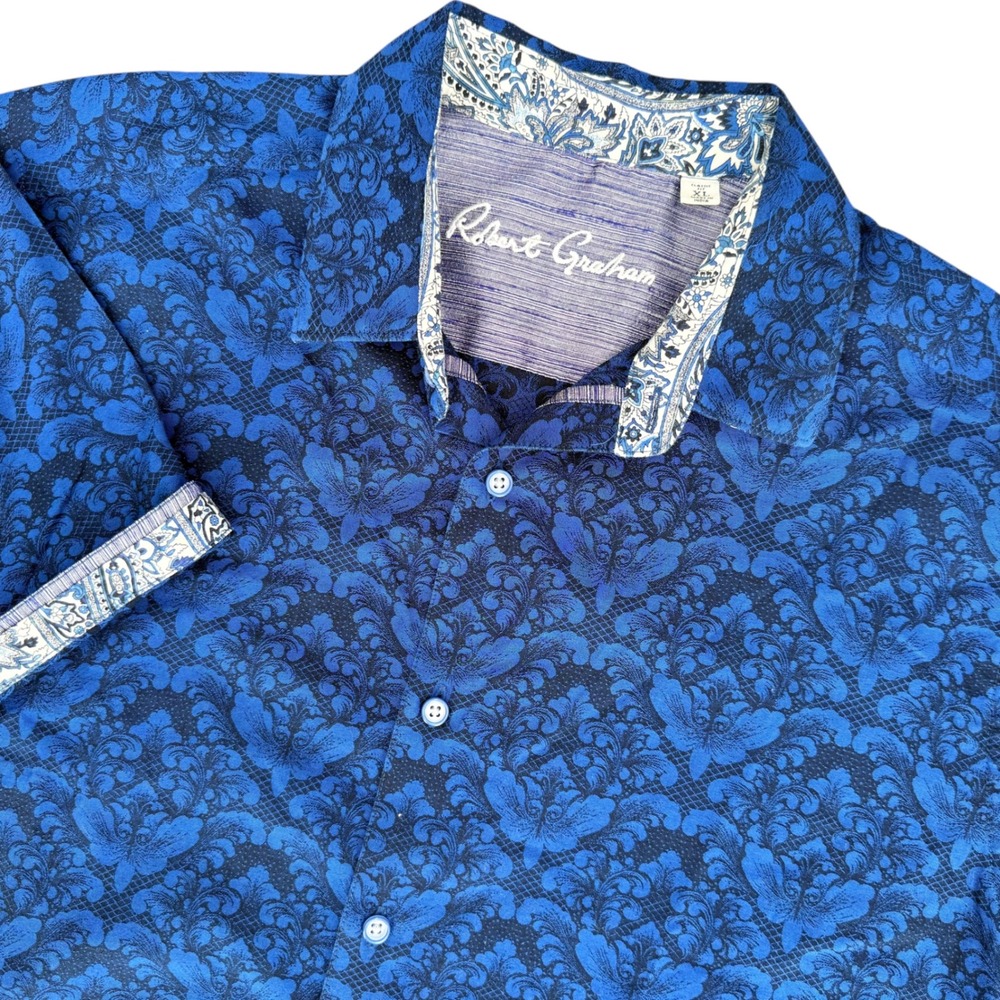 Robert Graham Bayview Mens XL Blue Damask Short Sleeve Button Down Shirt Cotton